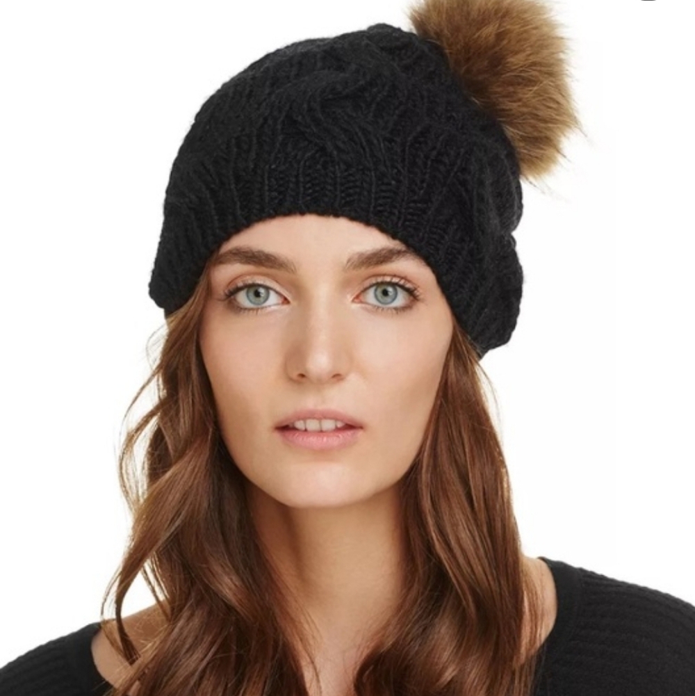 Echo Black Knit Beanie with Faux Fur Pom Cable Knit Alpaca Wool Blend